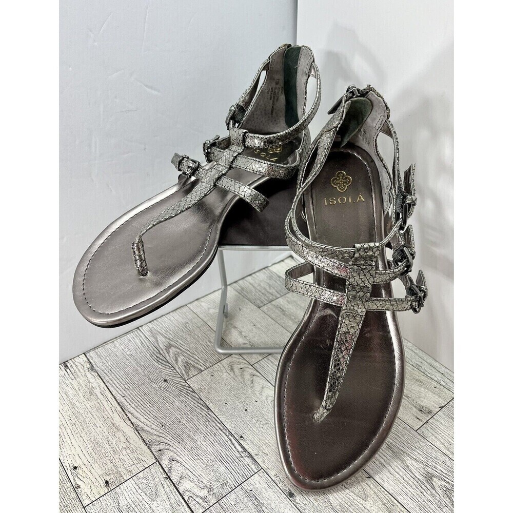 Isola Silver Metallic Snake-Print T-Strap Sandals